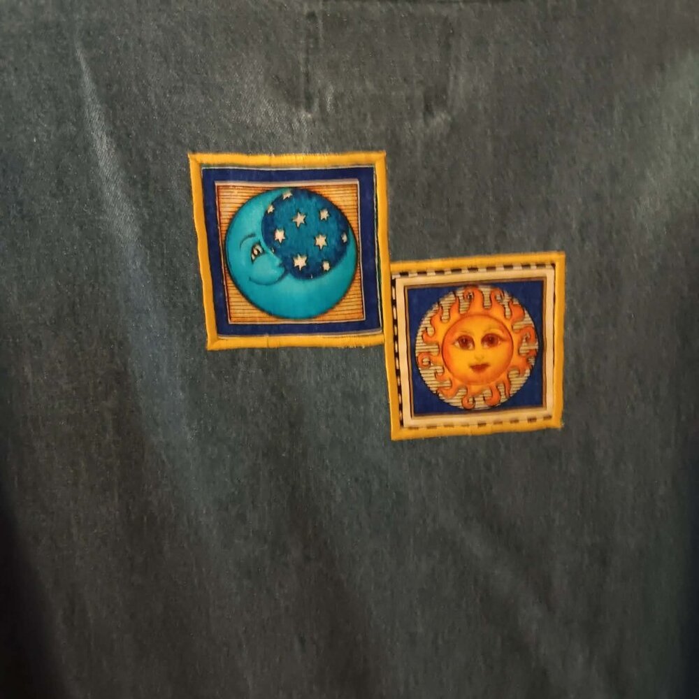 Quacker Factory Teal Button-Down Denim Shirt with Sun & Moon Patchwork - Picture 2 of 3